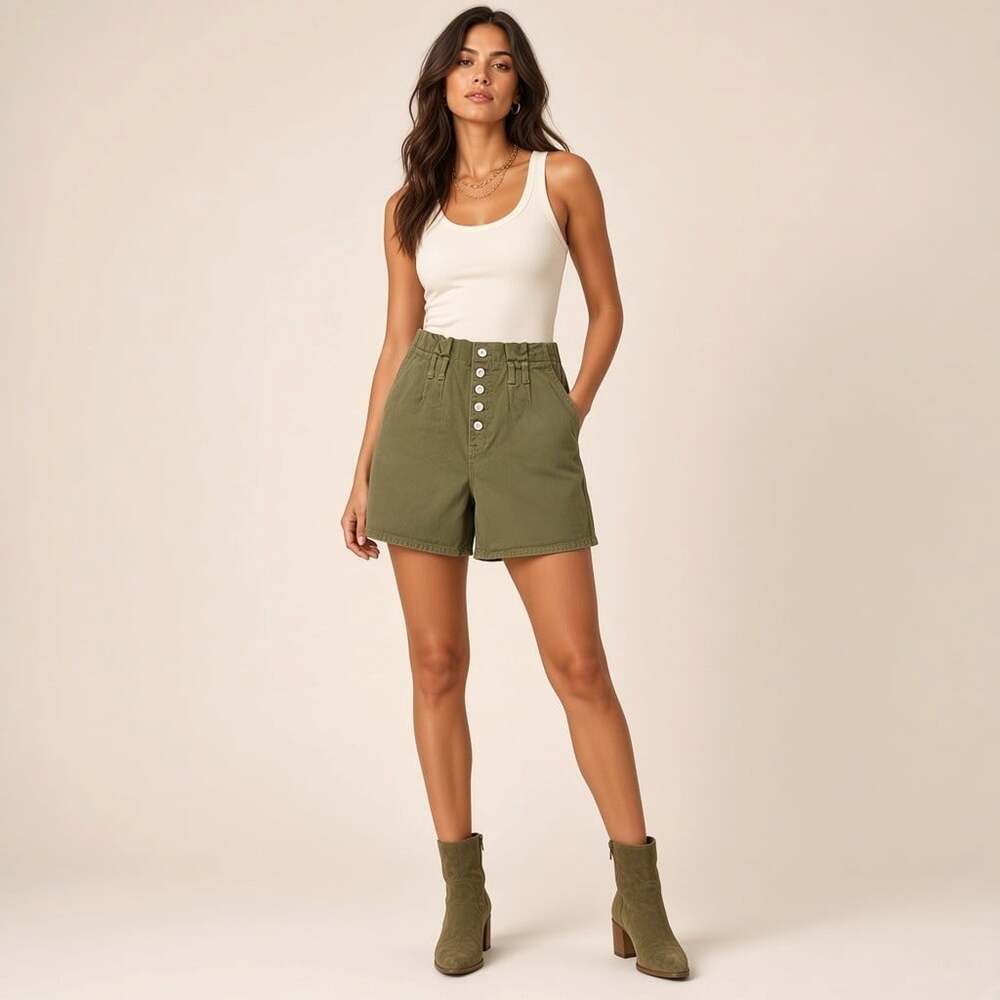 Free People Cindy Utility Paper Bag Shorts Olive Army Green Size 0